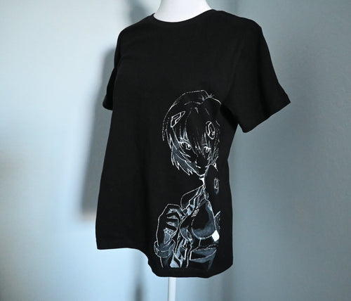 Black t-shirt with white graphic design of Rei from Evangelion on a mannequin against a light blue background